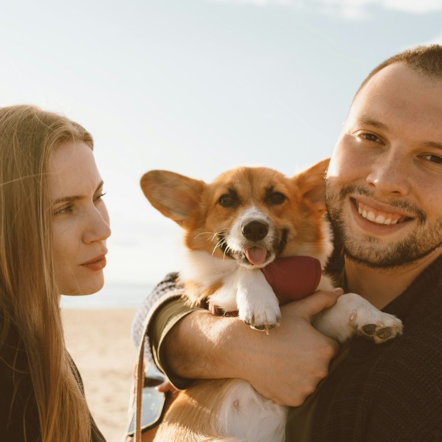 Happy couple in beach with corgi dog